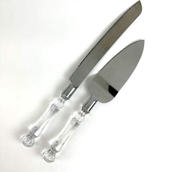 Clear Faceted Acrylic Cake Knife And Server Pretty Crystal Look Fancy Handles - Picture 1 of 12